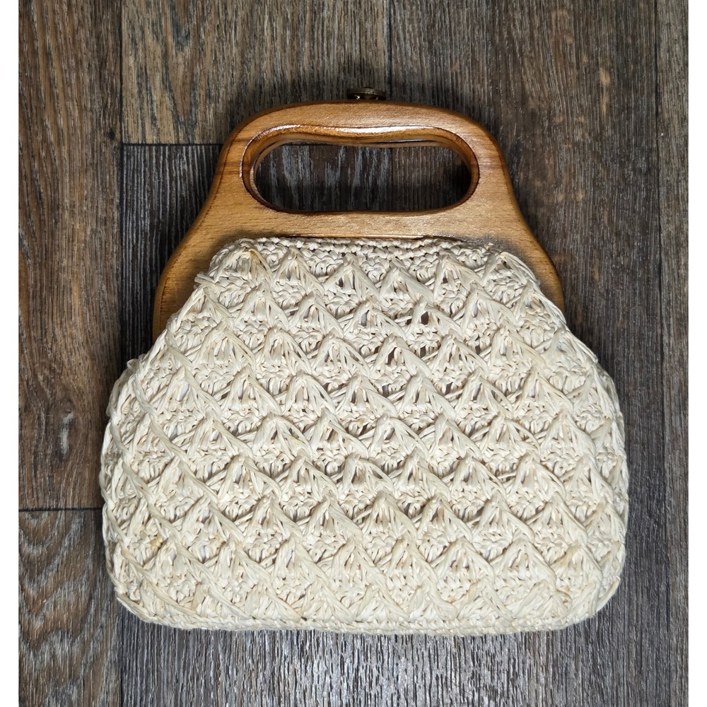 Vintage Woven Straw Wood Handle Clutch Bag Cream Japan Boho Coastal Summer